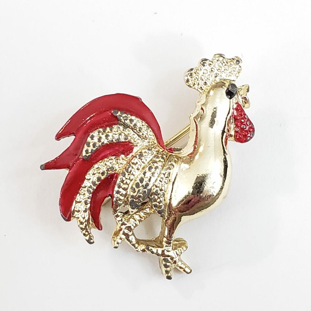 Red Enamel Rooster Vintage Pin Signed Gerry's Brooch Gold-tone ab1-60
